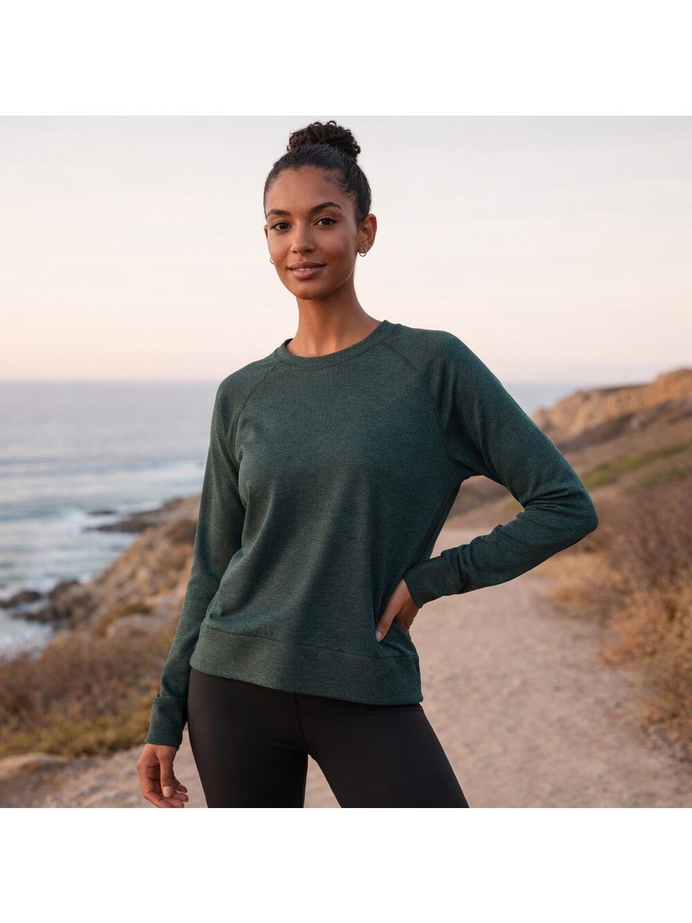 Quince SZ M Flowknit Pullover Crew Heather Green Style ZJGS01 Oversized